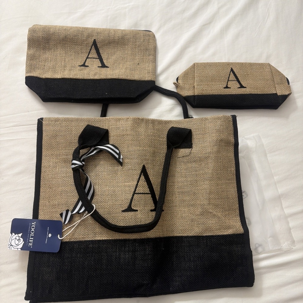 YOOLIFE Gifts for Women - Initial Jute Tote Bag & 2 Makeup Bags Personalized "A"